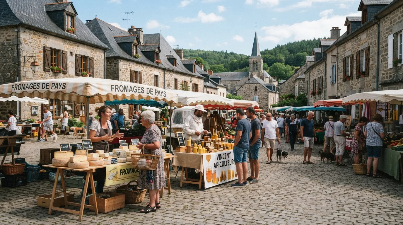 Petit marché dans un village du Morvan, maisons de granit aux toits d'ardoise, étals de fromage et de miel