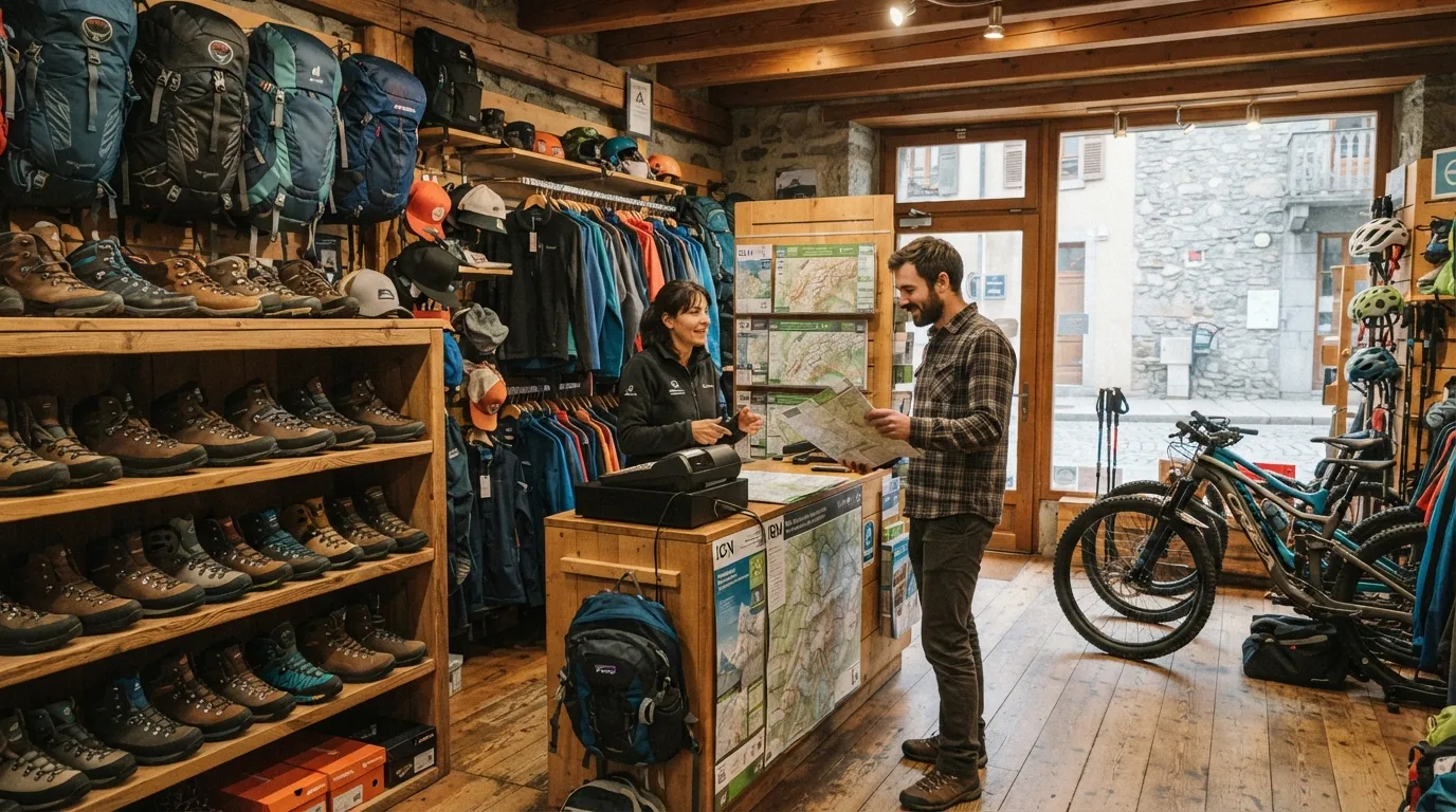 Intérieur d'un magasin de sport de plein air, chaussures de randonnée, VTT et sacs à dos sur des étagères en bois