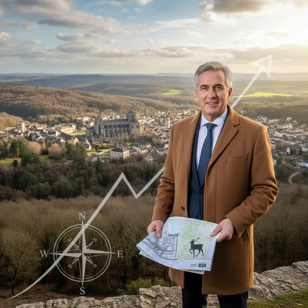 Homme en manteau tenant un plan, debout devant un panorama d'Autun et de sa cathédrale au soleil couchant