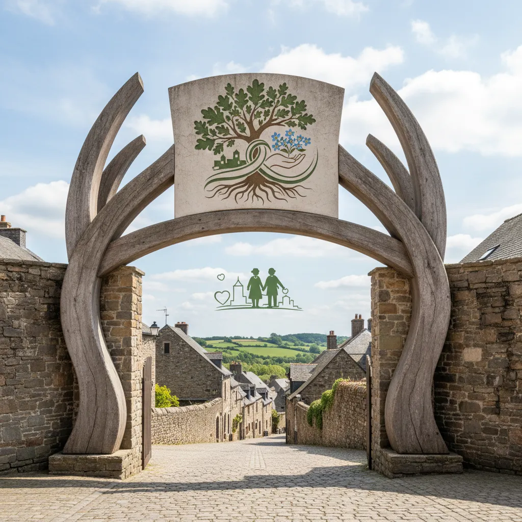 Arche monumentale en pierre et bois à l'entrée d'un village, ornée d'un arbre stylisé symbolisant le lien entre générations