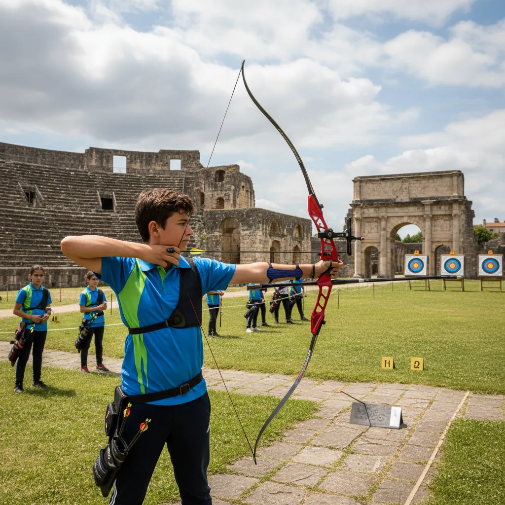 Jeune archer décochant une flèche devant le théâtre romain d'Autun, cibles et archers du club à l'arrière-plan