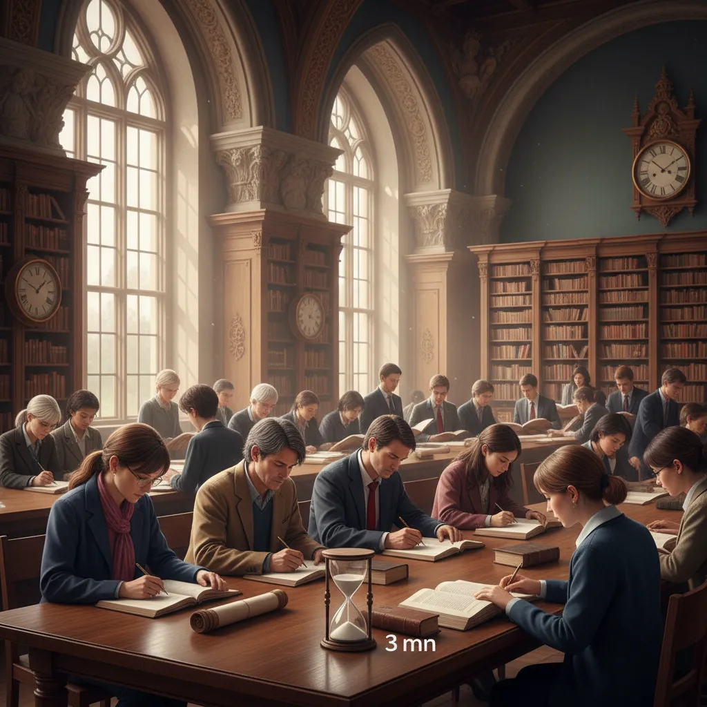 Salle de bibliothèque ancienne où des lecteurs travaillent à de longues tables, un sablier posé au premier plan
