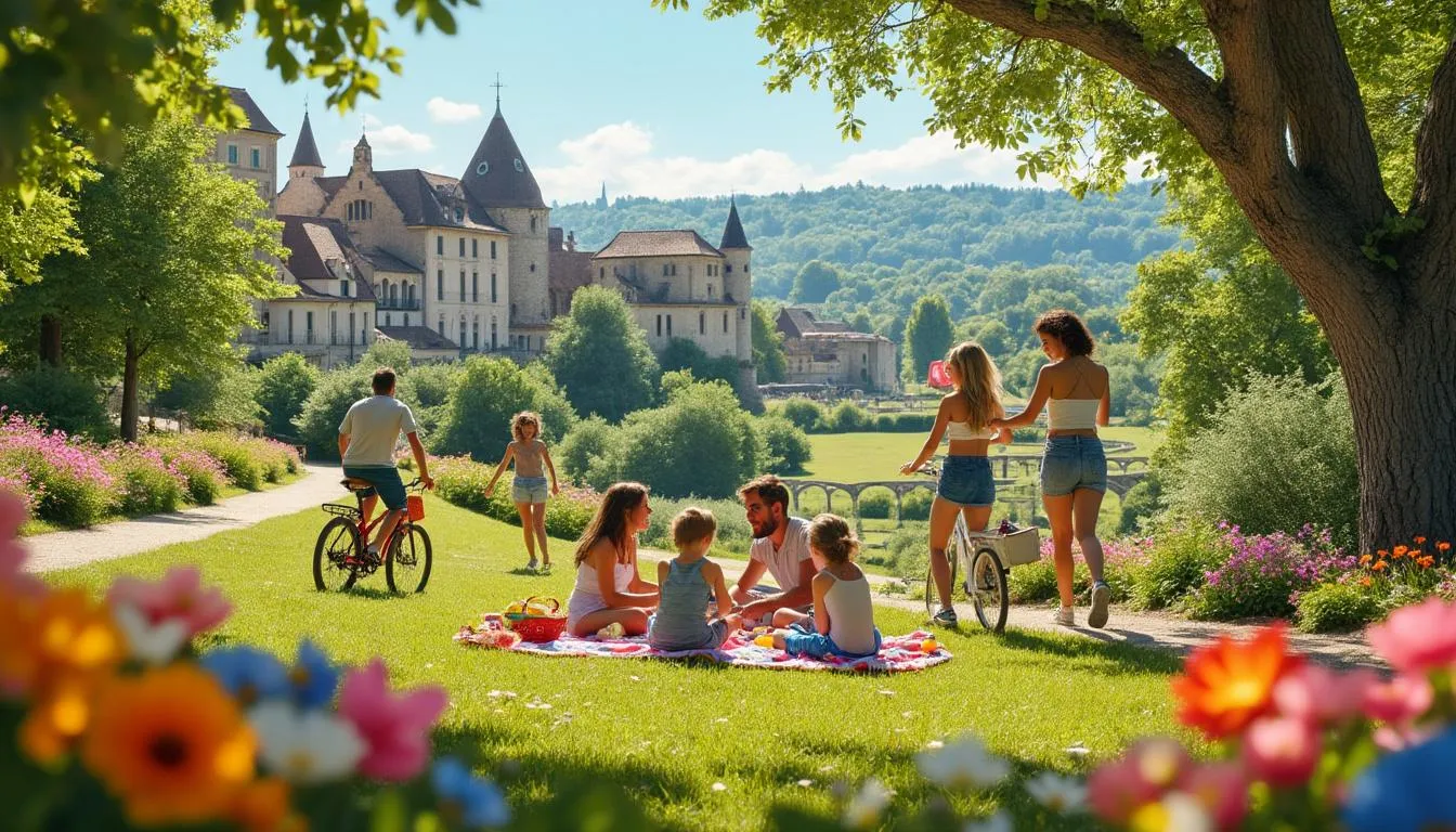 Familles pique-niquant et faisant du vélo dans un parc fleuri, toits anciens d'Autun à l'arrière-plan