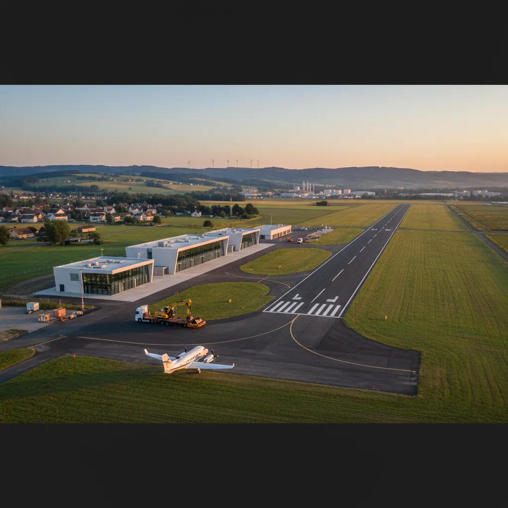 Vue aérienne d'un aérodrome au soleil couchant, piste rénovée, hangars neufs et avion léger au roulage