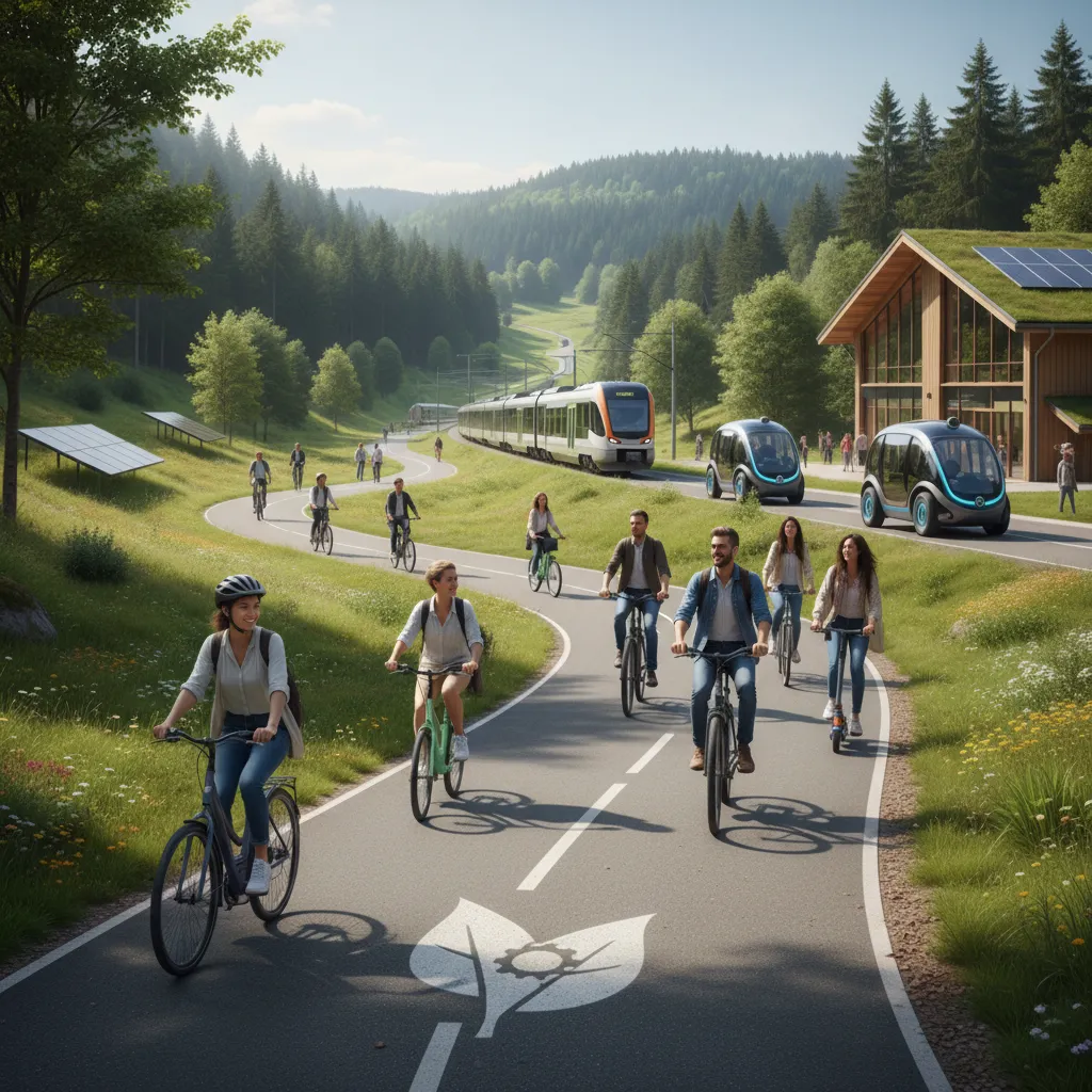 Cyclistes sur une piste traversant une vallée boisée, train régional et navettes électriques près d'un bâtiment à toit végétalisé