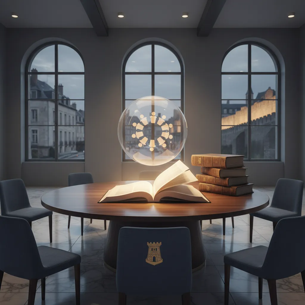 Salle de réunion au crépuscule, livre ouvert et sphère lumineuse au centre d'une table ronde, remparts visibles par les fenêtres